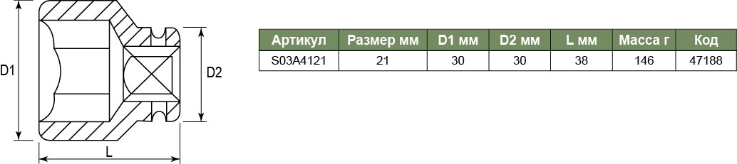 S03A4121 Торцевая головка ударная 1/2DR, 21мм 047188, фото 1