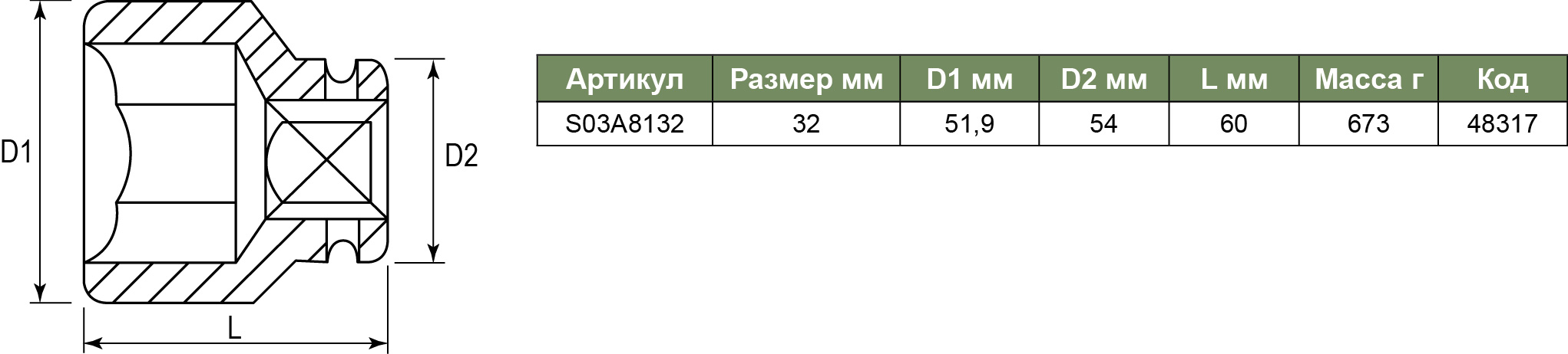 S03A8132 Торцевая головка ударная 1DR 32 мм 048317, фото 1