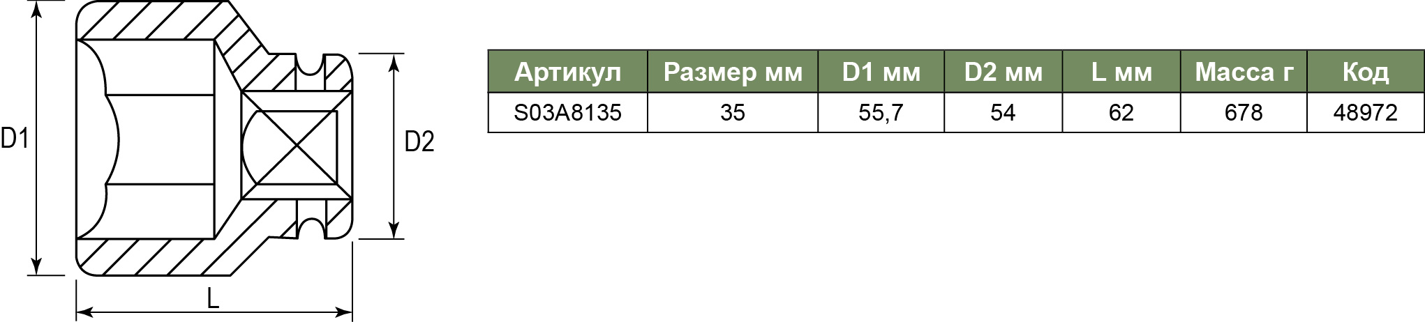 S03A8135 Торцевая головка ударная 1DR 35 мм. 048972, фото 1