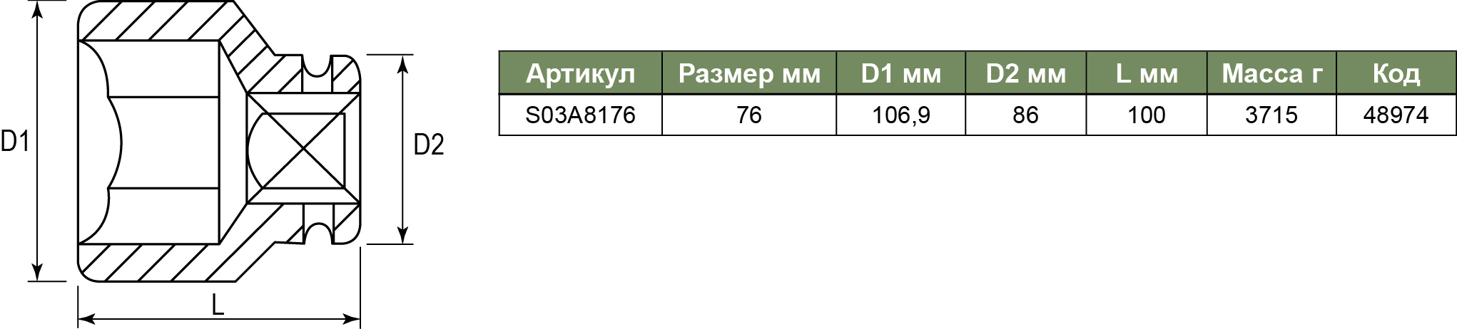 S03A8176 Торцевая головка ударная 1DR 76 мм. 048974, фото 1