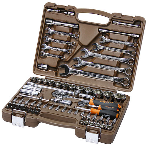 OMT82S Универсальный набор инструмента торцевые головки 4-32 мм 1/4 и 1/2DR и аксессуары к ним, комбинированные ключи 8-22 мм, 82 предмета   055014
