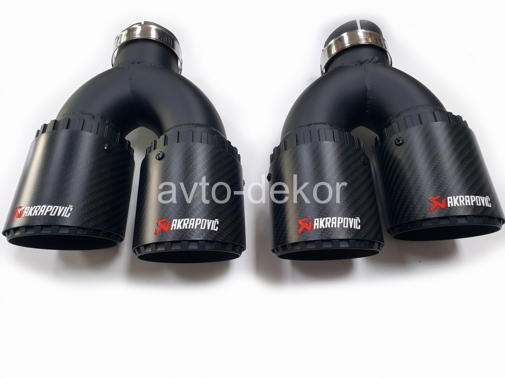 Насадка на глушитель A29 7029 AKRAPOVIC Dвх-63мм, Dвых-2х000мм, Длина-000мм, карбон+нержавеющая сталь, со скосом, черный матовый, Y type  17629