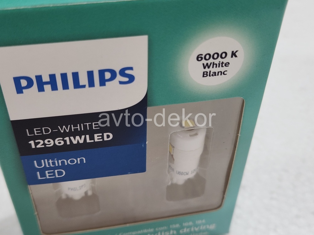 Светодиод Philips W5W (W2.1x9.5d) ULTINON LED WHITE BLANC 6000K (в коробке, 2шт) 12V 12961ULWX2-code:78001456 3smd  17902, фото 1
