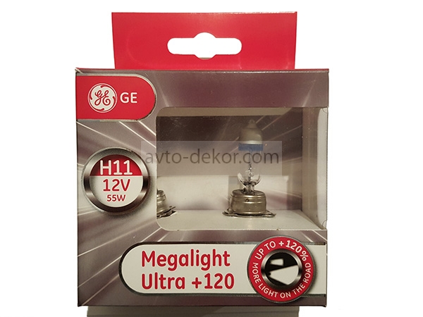 Автолампа H11 12V-55W (PGJ19-2) Megalight Ultra +120 General Electric 98438 (53110SNU) (евробокс 2шт)  2454